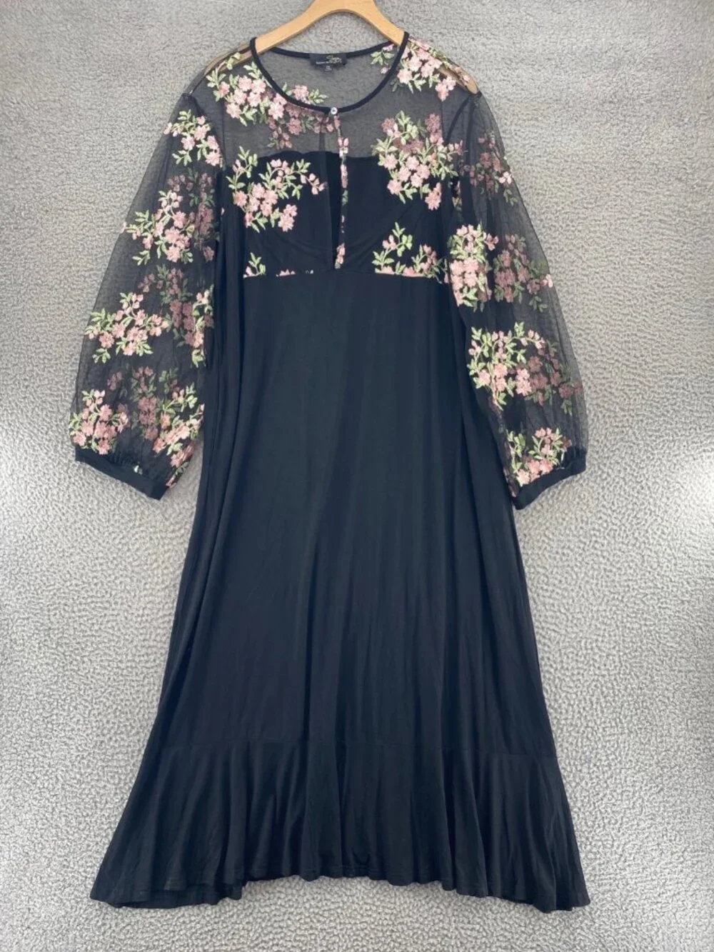 Suzanne Betro Dress Womens 2X Black Embroidered Floral Illusion Mesh Maxi Pocket